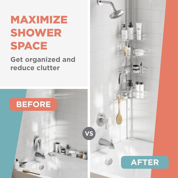 Tension Pole Shower Caddy Corner Organizer, Adjustable Standing Shower Caddy with 4 L-Shaped Baskets and Hooks, Rust Resistant Bathroom Tension Rod Organizer, 60 to 97 Inch, Satin Nickel9