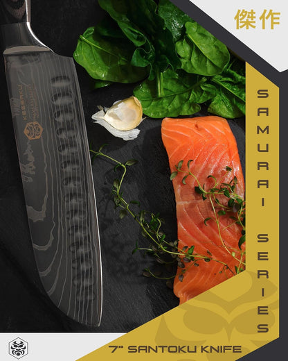 Santoku Knife - 7 Inch - Samurai Series - Razor Sharp Kitchen Knife - Forged 7Cr17Mov High Carbon Stainless Steel - Wood Handle with Blade Guard7
