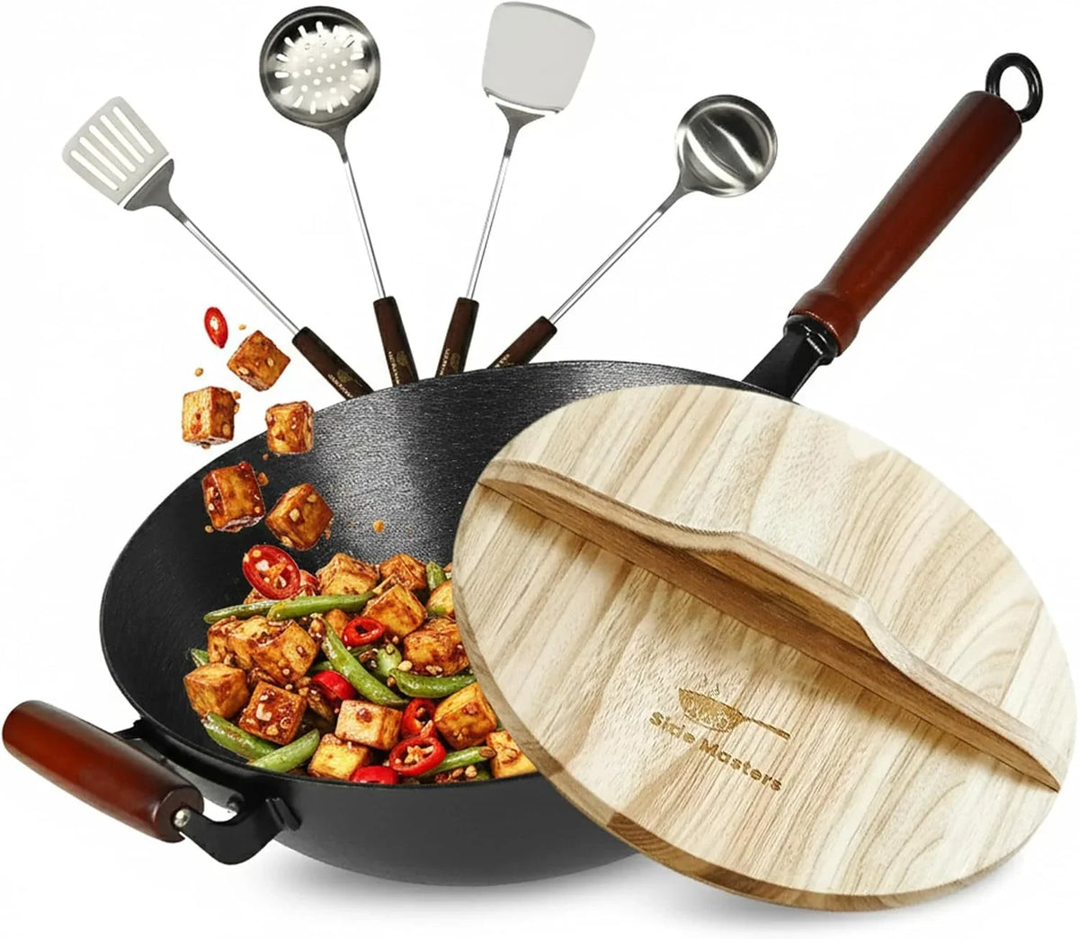 pre-seasoned-cast-iron-nonstick-stir-fry-pan-dual-handles-4-spatulas-flat-bottom-wok-with-wooden-lid-wood-handle-traditional-chinese-induction-wok-32cm