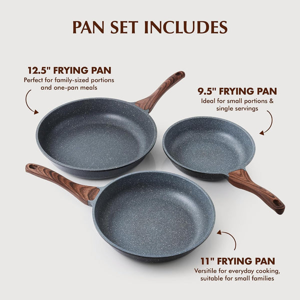 Nonstick Frying Pans, Grey(9.5+11+12.5 Inch) | Swiss Granite Coating, Free of PFOA&PFOS, Compatible with All Stoves Including Induction Cooktops, Easy to Clean4