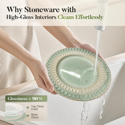 32Pcs Stoneware Embossed Dinnerware Set for 8, Green4
