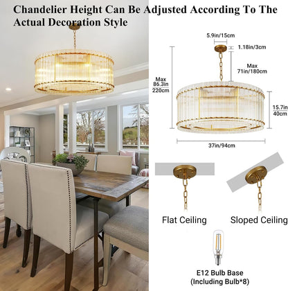 37" Modern Gold round Chandelier,2-Tier 8-Light Water Ripple Crystal Glass Chandeliers,For Dining Room,Living Room,Bedroom,High Ceiling,Foyer Entryway,Luxury Chandelier2