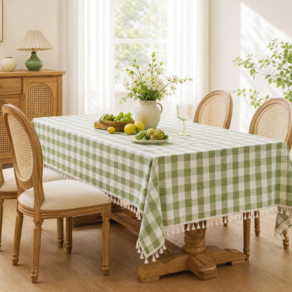 Spring Gingham Tablecloth Rectangle Cotton Linen Fabric Checkered Table Cloth with Tassel Washable Wrinkle Free Buffalo Plaid Table Cover for Outdoor Party Picnic Kitchen Dining, Green, 55X753