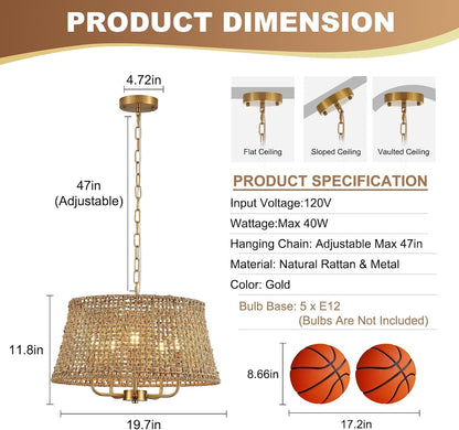 19.7" Boho Rattan Chandelier, 5-Light Gold Wicker Light Fixture3