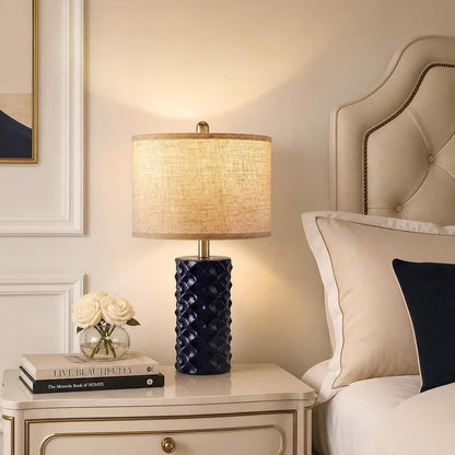 Star Diamond Ceramic Table Lamps Set of 2 - Dark Blue Nightstand Lamps 23"8