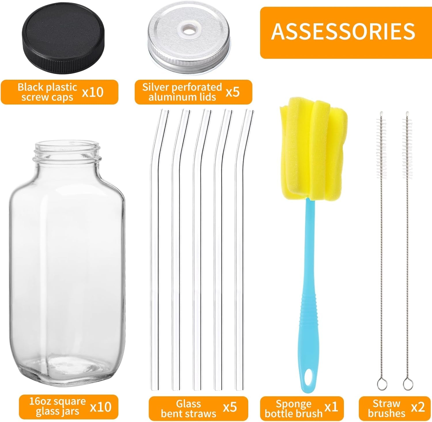 10pcs-16oz-glass-juice-bottles-with-lids-reusable-juice-containers-drinking-jars-water-cups-with-brush-glass-straws-lids-with-hole