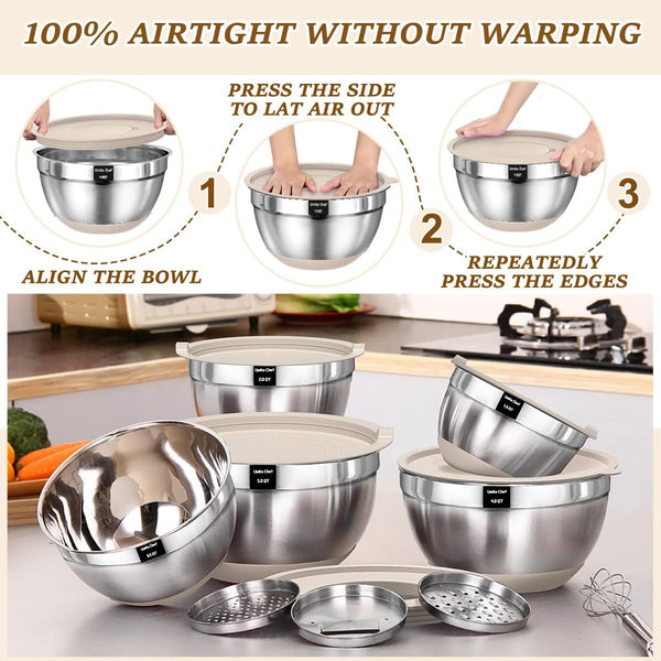 Mixing Bowls with Airtight Lids Set, 8PCS Stainless Steel Nesting Bowls with Grater Attachments, Non-Slip Bottoms, 5, 4, 3.5, 2, 1.5QT for Mixing & Serving7
