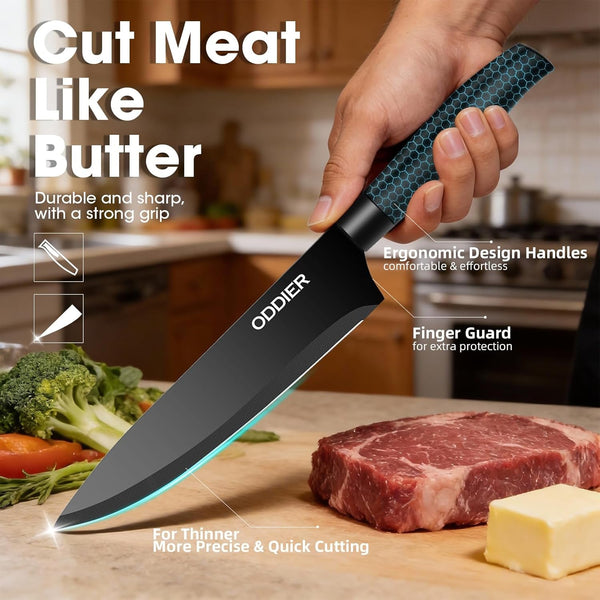 Knife Set, 10 Piece Kitchen Knife Set with Block and Sharpener, Anti-Rust Stainless Steel Knives Set for Kitchen, Chef Universal Knife Block Set, Dishwasher Safe, Ergonomical Design, Black3