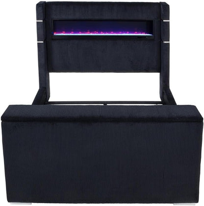 California King Wingback TV Bed, Pine Frame, Black Faux Fur-Style Corduroy, Flame Visualizer Headboard, Hidden Motorized TV Mount, USB Ports, Modern Bedroom Furniture for Tech-Forward Use8