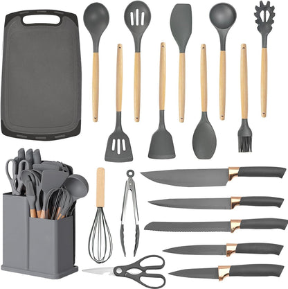 Kitchen Utensils Set & Knife Set with Block, 19 Piece All-In-One Cooking Set, 12 Nonstick Silicone Utensils + 5 Sharp Stainless Steel Chef Knives + Cutting Board, Dishwasher Safe Gift Set (Gray)2