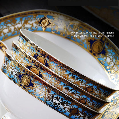 Dinnerware Sets - Luxury Gift Dishes Service Set, 80 Piece Bone China Tableware Set for 10 People, European Style Gold Pattern Dinnerware Set with Bowls and Plates, Oujinmm20243274