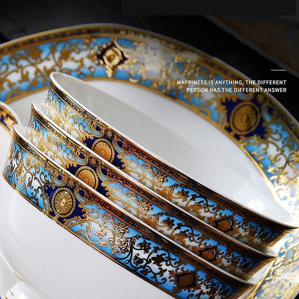 Dinnerware Sets - Luxury Gift Dishes Service Set, 80 Piece Bone China Tableware Set for 10 People, European Style Gold Pattern Dinnerware Set with Bowls and Plates, Oujinmm20243274