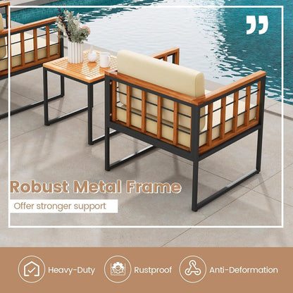 3 Pieces Patio Chair Set, Acacia Wood Outdoor Sofa Set with Metal Support, Soft Seat & Back Cushions Included, Cushioned Bistro Set for Balcony, Porch, Backyard (Beige)9