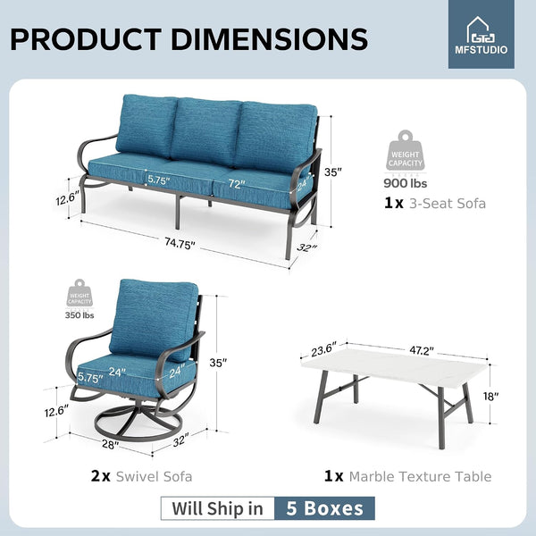 4 Piece Metal Patio Furniture Set with Peacock Blue Cushions2