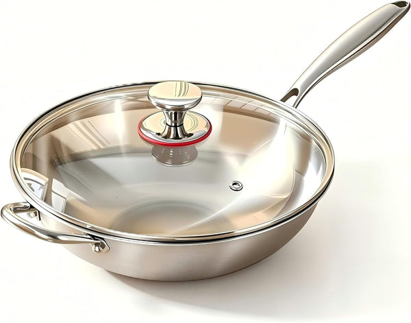 Stainless Steel 316 Wok with Glass Lid, Tri-Ply Large Cooking Surface, Oven Safe & Induction Compatible (12.5 Inch)1