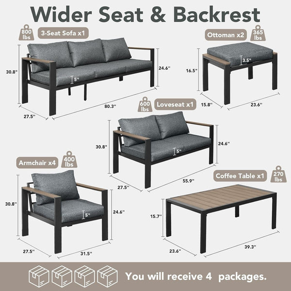 Patio Furniture Set 11 Seats and Coffee Table, 9 Pieces Patio Conversation Set with Thick Cushion, Ottomans, Deluxe Aluminum Modern outside Sectional for Porch, Balcony, Deck, Yard, Dark Gray3
