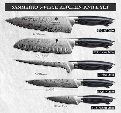 5PCS Knife Set, Kitchen Knife Sets in Powder Steel | Ultra Sharp Japanese Knives Set High Carbon Steel Chef Knives Sets, Cooking Knives Set with Ergonomic Pakkawood Handle5