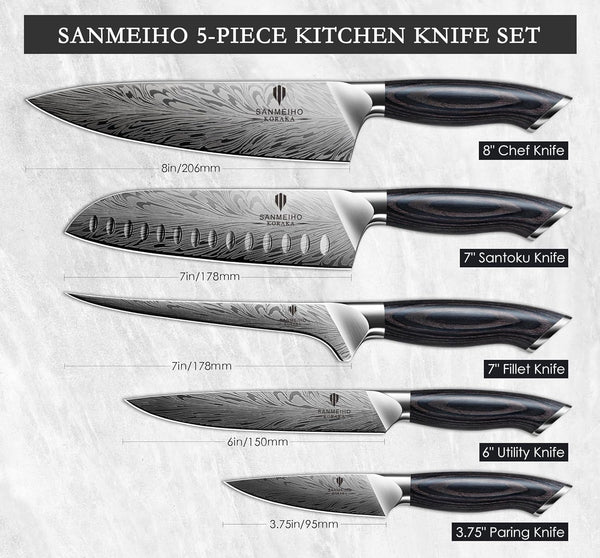 5PCS Knife Set, Kitchen Knife Sets in Powder Steel | Ultra Sharp Japanese Knives Set High Carbon Steel Chef Knives Sets, Cooking Knives Set with Ergonomic Pakkawood Handle5