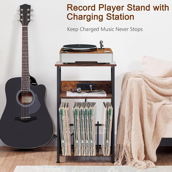 Record Player Stand with Charging Station, Vinyl Record Storage | Turntable Stand with Type-C, Vinyl Record Player Table Holds 100 Albums, 3 Tier End Table Living Room, Rustic Brown2