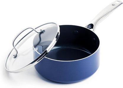 2QT Diamond Infused Ceramic Nonstick Sauce Pan with Lid, Blue | Pfas-Free Ceramic Nonstick Chef Pot, Dishwasher & Oven Safe, Durable Metal Utensil Safe, Soups, Glass Lid1