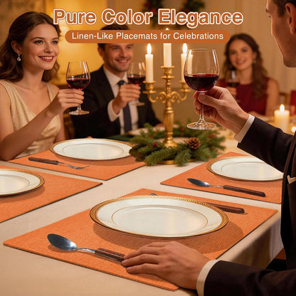 Linen Fabric Placemats Set of 4, Machine Washable, Heat Resistant, Wrinkle Free Thick Polyester Kitchen Place Mats for Dining Table (Orange)2