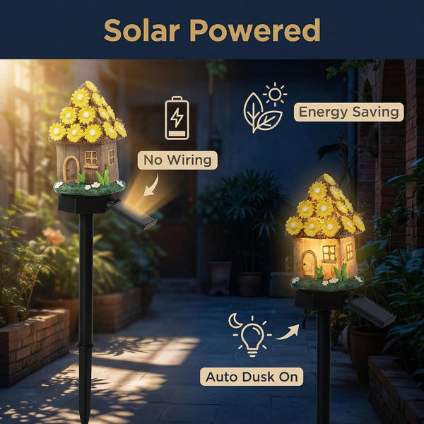 Solar Fairy House Garden Stake Lights, Resin Mushroom and Cottage Figurines, Outdoor Pathway Decor (Yellow)3