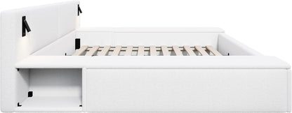 Bouclé Upholstered Platform Bed with Headboard, Hidden Storage,White7