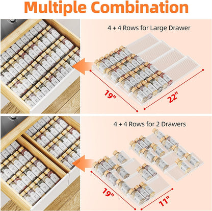 Clear Spice Drawer Organizer, 4 Tier- 2 Set (8 Packs) Spice Rack for Drawer, Expandable from 11" to 22" Kitchen Seasoning Organizers and Storage for Drawer (Jars Not Included)8