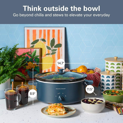 6 Quart Slow Cooker with Space-Saving Folding Handles | 3 Heat Settings | Dishwasher Safe Stoneware Crock & Glass Lid | Kitchen Makeover Blue | 336087