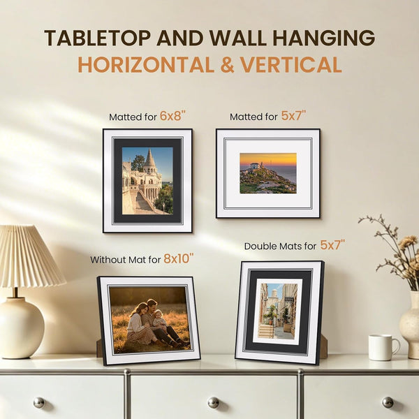 8X10 Picture Frame with Dual Mats, Black Photo Frames Matted for 5X7/6X85