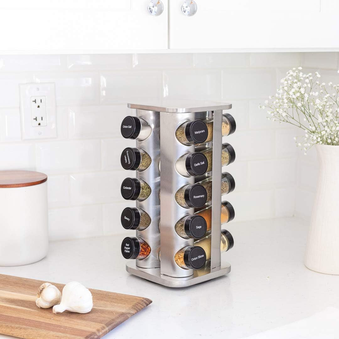 20-jar-rotating-spice-rack-with-spices-included-5-year-free-spice-refill-program-stainless-steel-countertop-spice-rack-with-3-oz-glass-jars-5-year-free-spice-refill-program-stainless-steel-countertop-3-oz-glass-jars
