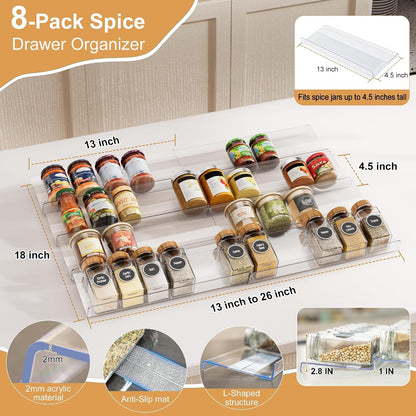 8-Pack Spice Drawer Organizer, Expandable Acrylic Seasoning Rack (13" to 26") with Anti-Slip Mat, Kitchen Spice Rack Holds up to 56 Jars (Jars Not Included)5