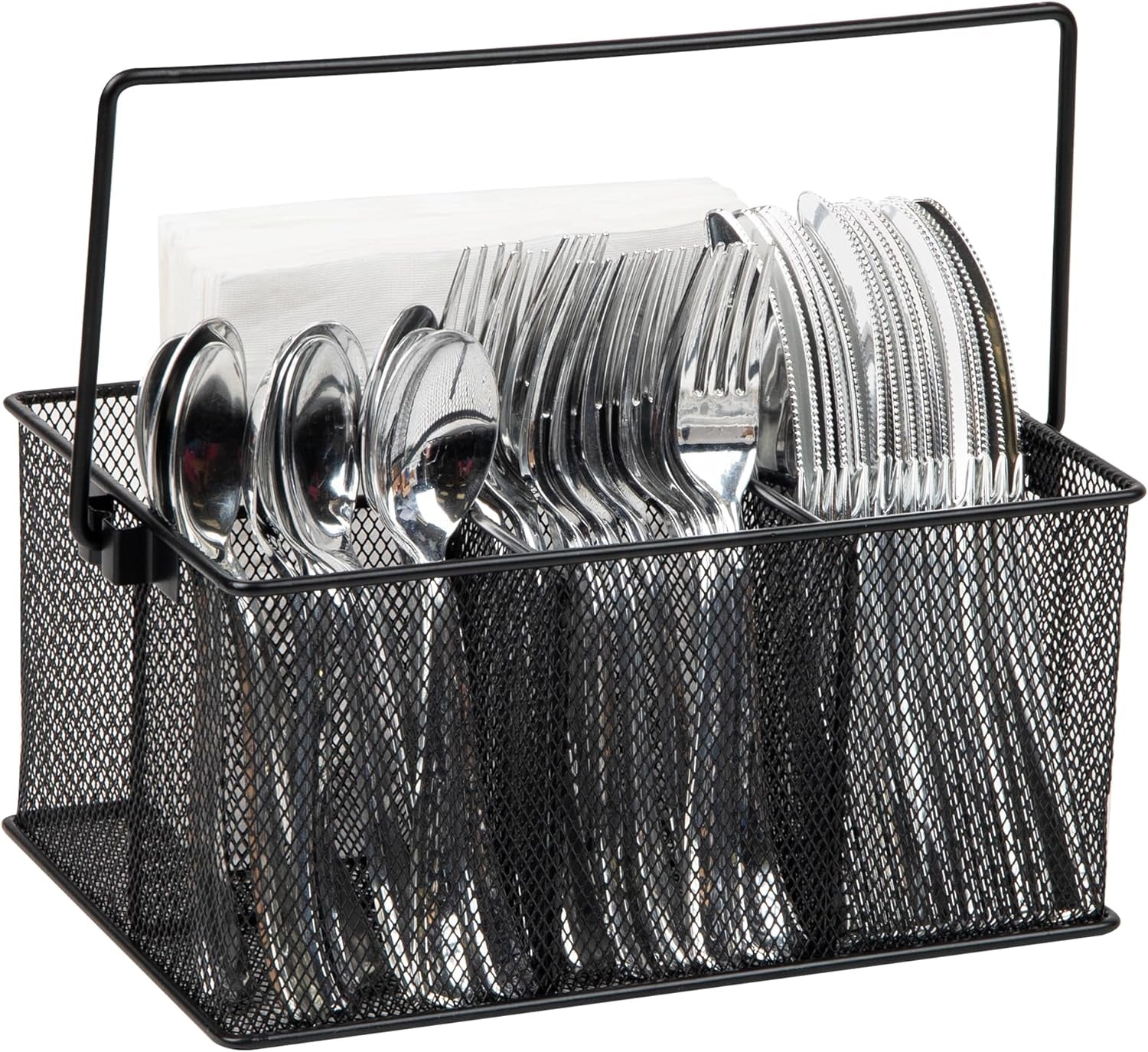 multi-purpose-storage-caddy-with-handle-desktop-organizer-cutlery-holder-4-compartments-metal-mesh-black