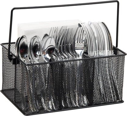 Multi-Purpose Storage Caddy with Handle, Desktop Organizer, Cutlery Holder, 4 Compartments, Metal Mesh, Black1