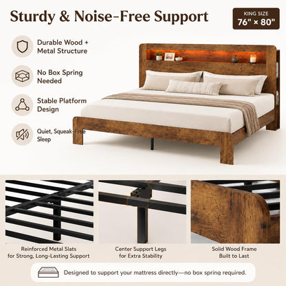 King Bed Frame Wood Platform with Storage Headboard LED USB No Box Spring3