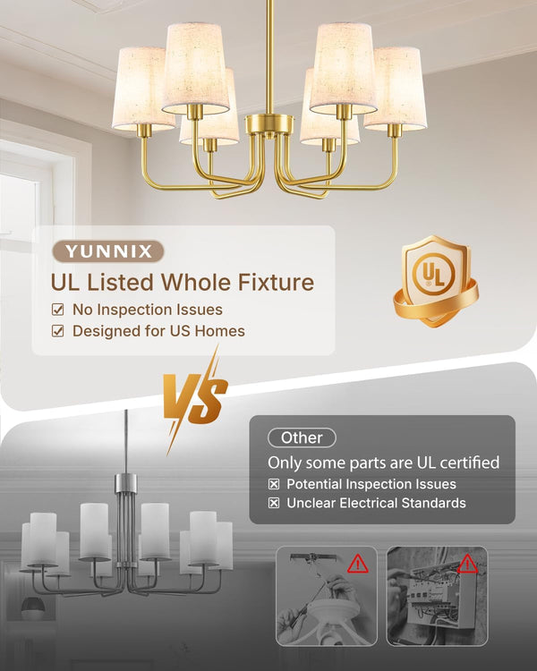 6-Light Gold Chandelier for Dining Room, No Assembly Modern Chandelier Light Fixture with White Linen Shades, UL Listed 25" Farmhouse Brass Dining Room Light Fixture Bedroom Entryway Foyer2