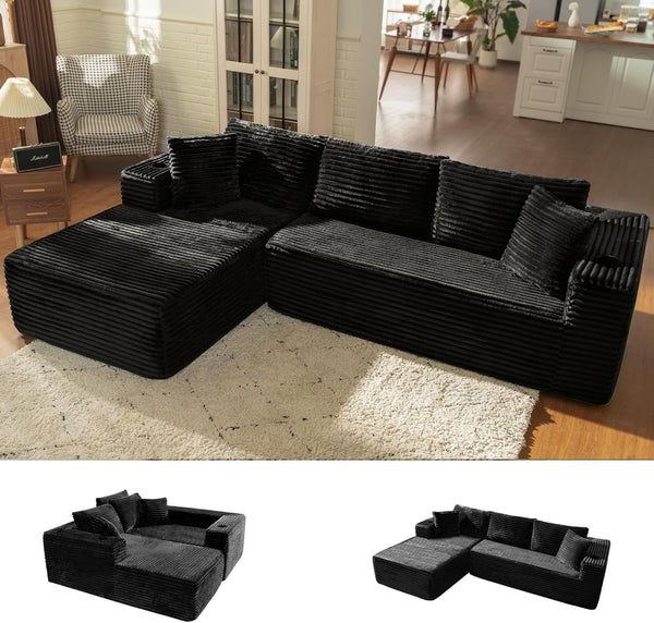 106" L Shaped Cloud Sectional Couch with Chaise, Corduroy Boneless Couch with Wide Armrests and Cup Holders for Living Room Bedroom, No Assembly Required (Black)1