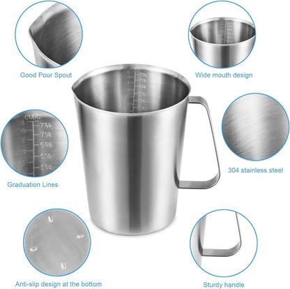 64Oz/8Cup Stainless Steel Pitcher (SUS304), 2 Liter Metal Container for Water, Milk, Liquid with Handle with Engraved Markings, Silver3