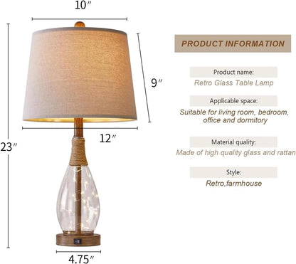 2 in 1 Bedside Table Lamps Set of 2, Farmhouse Glass Lamp, Wood-Like | Bedroom Lamps for Nightstands, Top Light & Night Light, Built-In USB with Bulb, Boho Rattan Design for Nursery, Hallway6