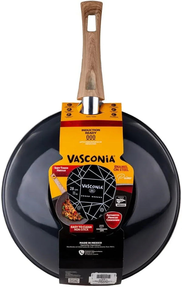 Nonstick Wok Pan 11 Inch Enamel Steel Gray | Induction Compatible, All Stovetop Ready, Even Heat Cooking, Wood-Look Handle, Lightweight Design, Easy Cleanup7