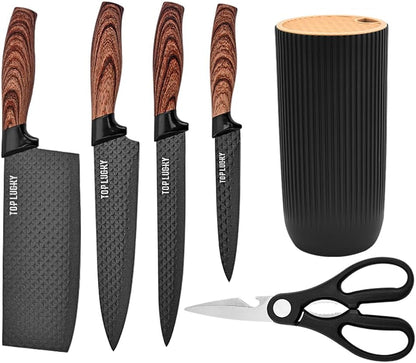 Knife Set,  6-Piece Black Kitchen Knife Set for Home, Anti-Rust Non-Stick Stainless Steel Sharp Chef Knife Set with Universal Knife Block for Kitchen, Ergonomical Design (Black)8
