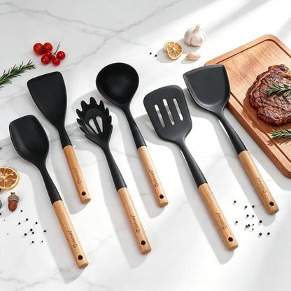 Large Silicone Kitchen Utensils Set, 6 PCS Nonstick Cooking Utensils Set with Wooden Handle, Heat Resistant and BPA Free Silicone Utensil Spatula Set for Cooking with Turner, Spoon and Ladle(Black)7