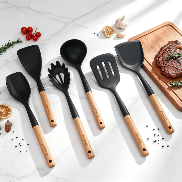 Large Silicone Kitchen Utensils Set, 6 PCS Nonstick Cooking Utensils Set with Wooden Handle, Heat Resistant and BPA Free Silicone Utensil Spatula Set for Cooking with Turner, Spoon and Ladle(Black)7