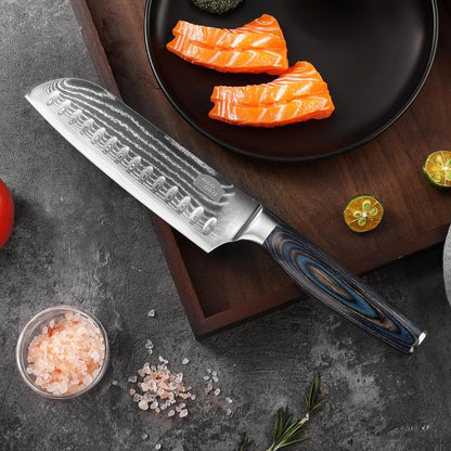 Damascus Santoku Knife, 7- Inch Kitchen Knives with 9Cr18Mov Steel Core, Japanese Kitchen Knife Cooking Meat Cleaver with Durable Wood Handle, Sharp Santoku Chef Knife for Home Use with Gift Box6