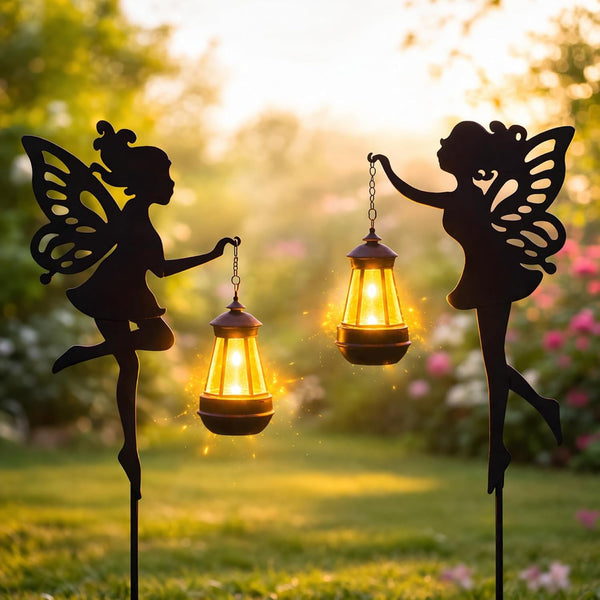 Solar Fairy Garden Accessories Outdoor 1 Pair - Metal Stakes Decorative Figurines Housewarming Ornament for Patio, Lawn, Yard, Pathway - Unique Gift Ideas for Mom Grandma (Warm Lighting)1