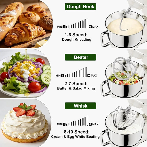 Electric Stand Mixer,7.45 QT,10 Speeds with Dough Hook,Whisk, Flat Beater Attachments, Splash Guard, Easy-Carry Top Handle,3-In-1 Kitchen Mixer for Baking Cakes Cookie Bread Salad (White)3