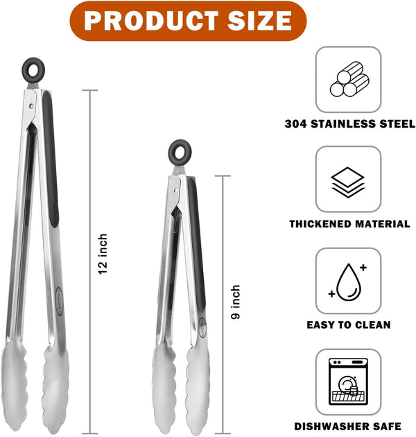 Stainless Steel Kitchen Tongs, Silicone Non-Slip Grip, Locking Grilling Food Tongs Set of 2, 9-Inch & 12-Inch2