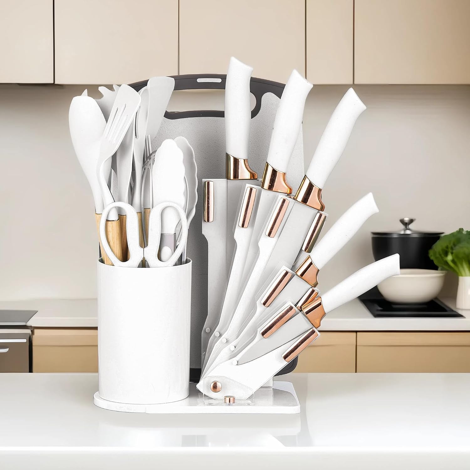 19-piece-kitchen-utensil-and-knife-set-black-white-11-food-grade-silicone-tools-5-nonstick-coated-stainless-steel-knives-bamboo-handles-cutting-board-and-fan-shaped-holder