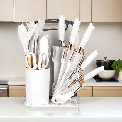 19-Piece Kitchen Utensil and Knife Set, Black (White) | 11 Food-Grade Silicone Tools, 5 Nonstick-Coated Stainless Steel Knives, Bamboo Handles, Cutting Board and Fan-Shaped Holder3