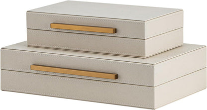 Set of 2 Beige Shagreen Decorative Storage Boxes with Gold Metal Handles – Faux Leather Jewelry & Memory Boxes, Nesting Photo Organizers for Home Decor6